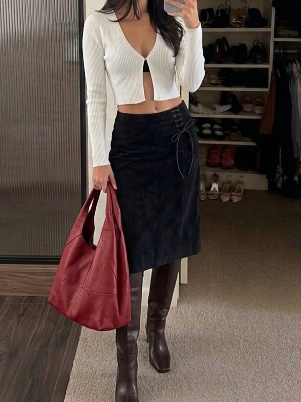 Vintage Danier leather suede midi skirt with side lace detail